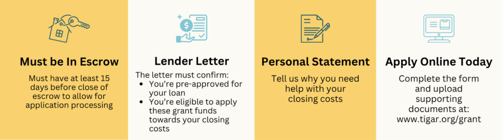 Steps to apply:
Must be in escrow (at least 15 days before close of escrow for application processing), provide a lender letter (letter pre-approved for loan, eligible to apply grant funds towards clsoing costs), Personal statement (tell us why you need help with your closing costs), Apply online (complete the form and upload supporting documents at tigar.org/grant.